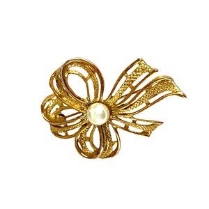 Vintage Gold Tone Bow Brooch with Faux Pearl Center 2” Elegant Pin